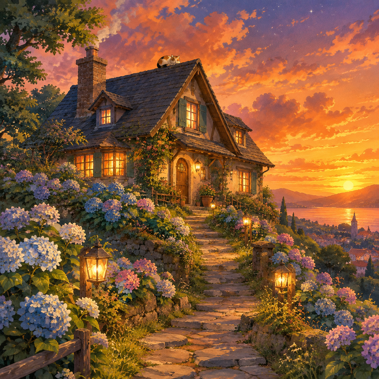 黄昏山丘上的小屋，窗里亮着灯，屋顶也有一扇小窗